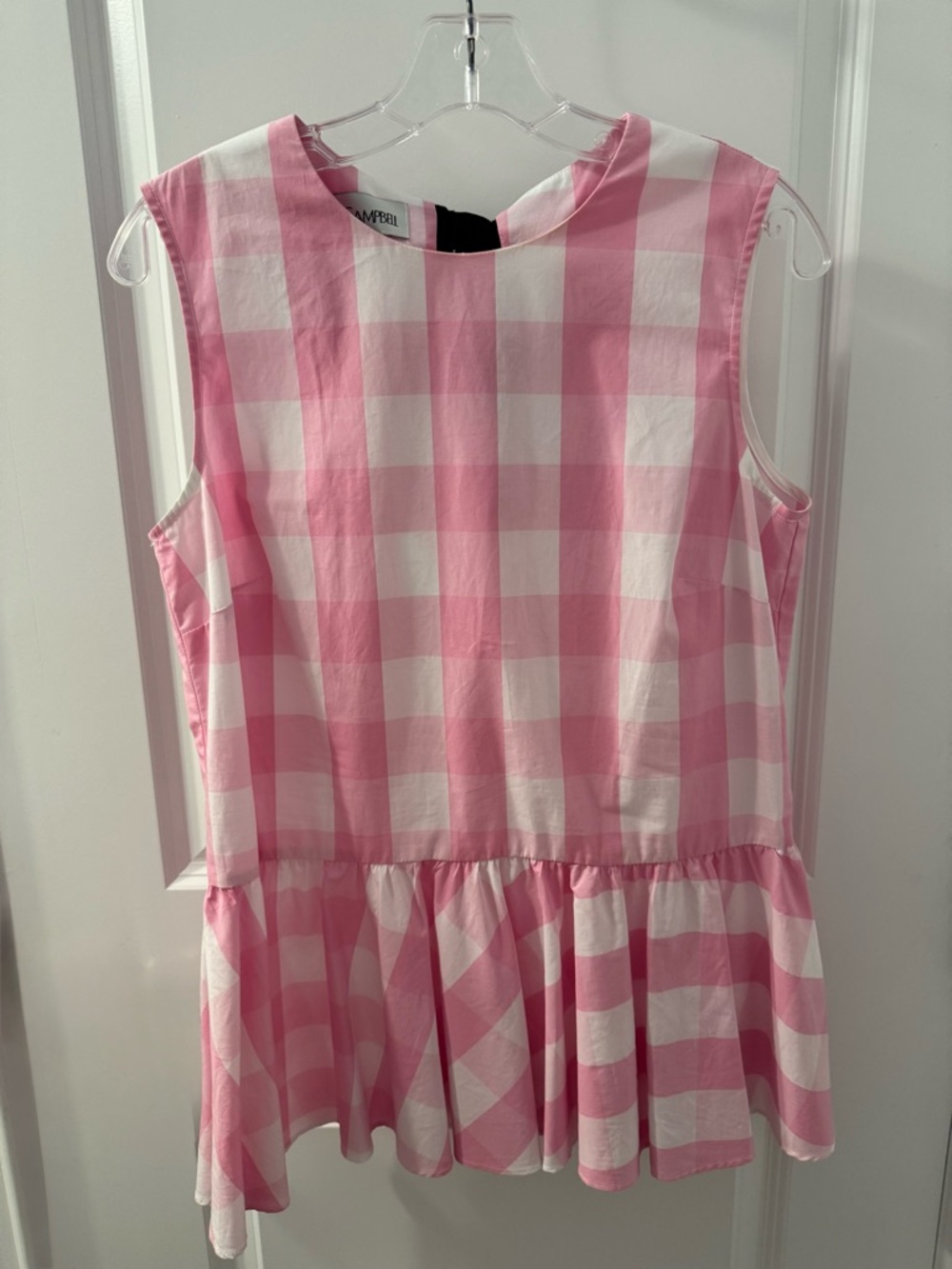 Sara Campbell Pink and White Gingham Sleeveless Peplum Top